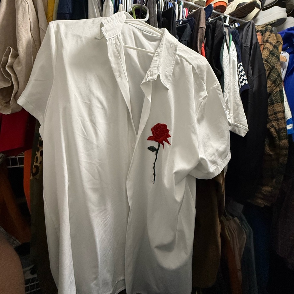 White Shirt with Rose Embroidery